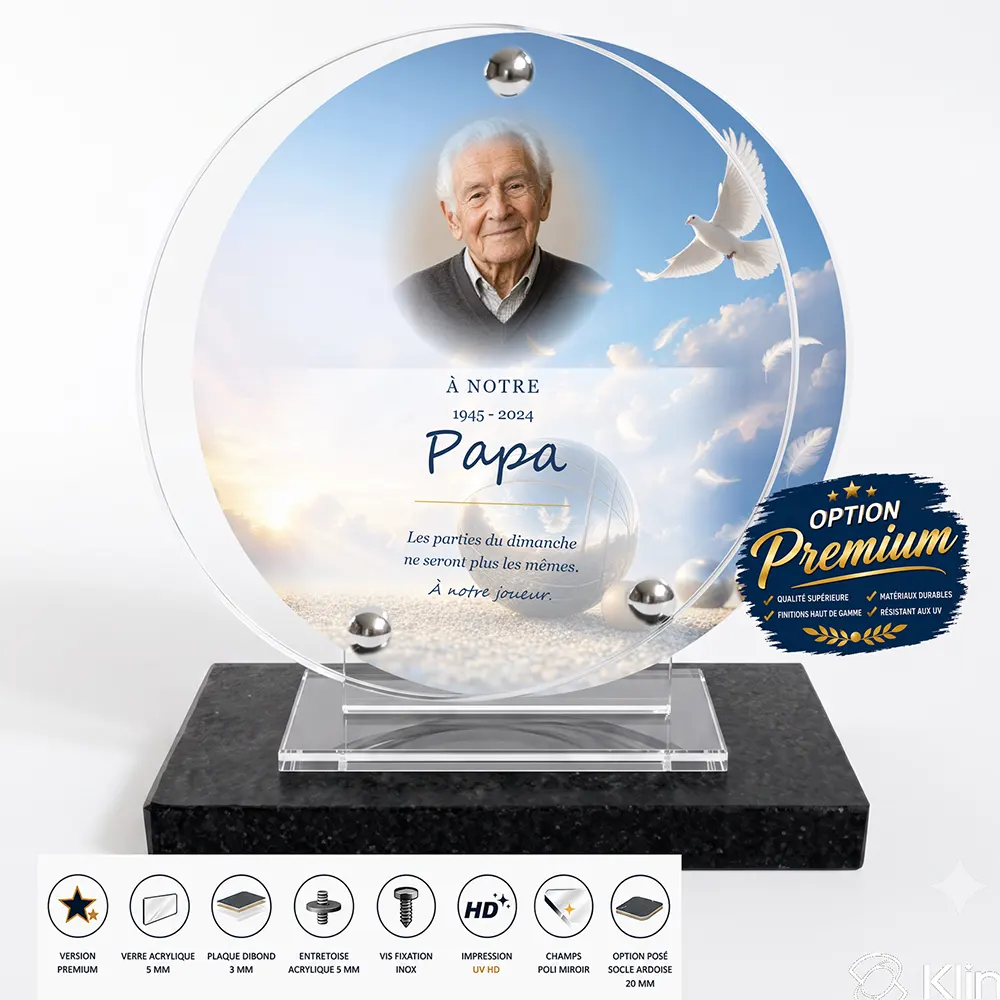 Plaque funéraire circulaire Pétanque finition premium présentée sur socle en ardoise