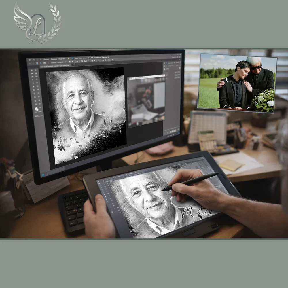 Création artistique plaque funéraire Couture sur tablette graphique en studio