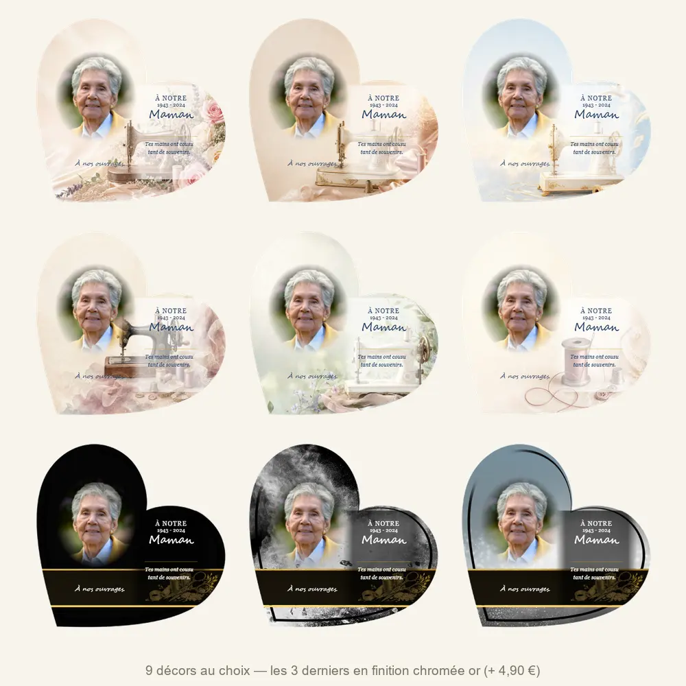Plaque funéraire cœur Couture — neuf décors de fond au choix