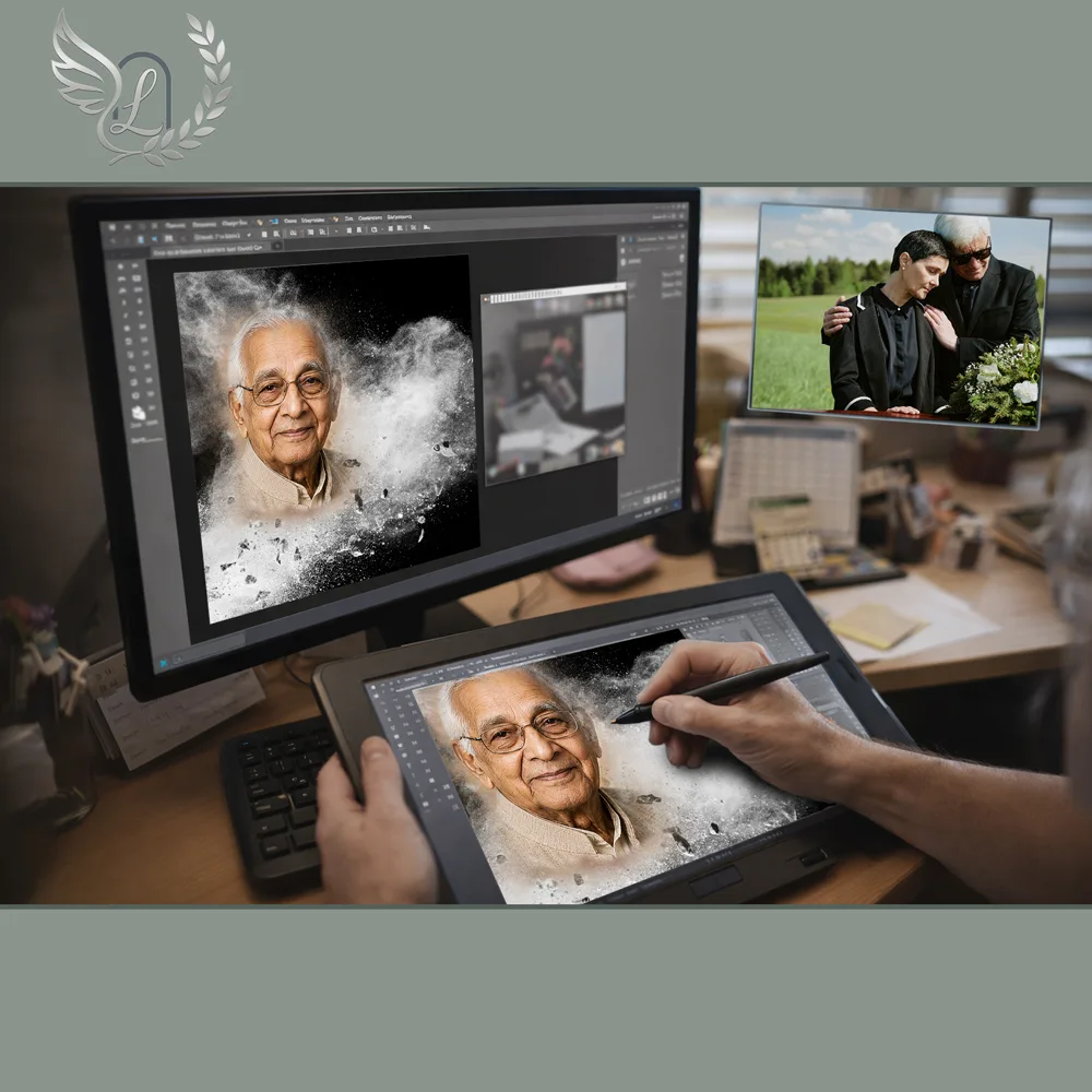 Création artistique plaque funéraire Couture sur tablette graphique en studio