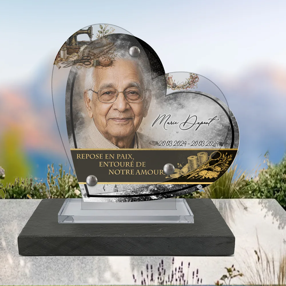 Plaque Cœur Couture à poser sur socle ardoise du Brésil