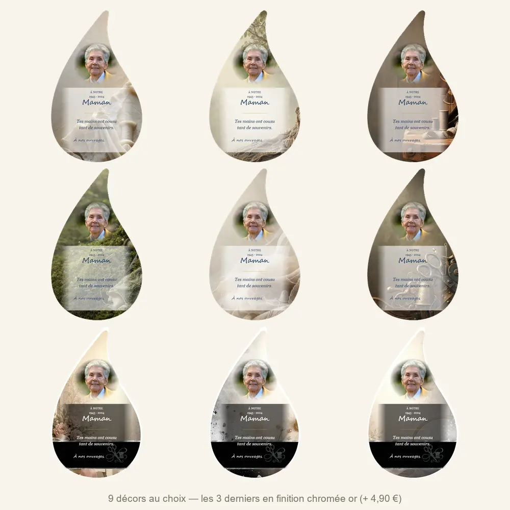 Plaque funéraire flamme Couture — neuf décors de fond au choix