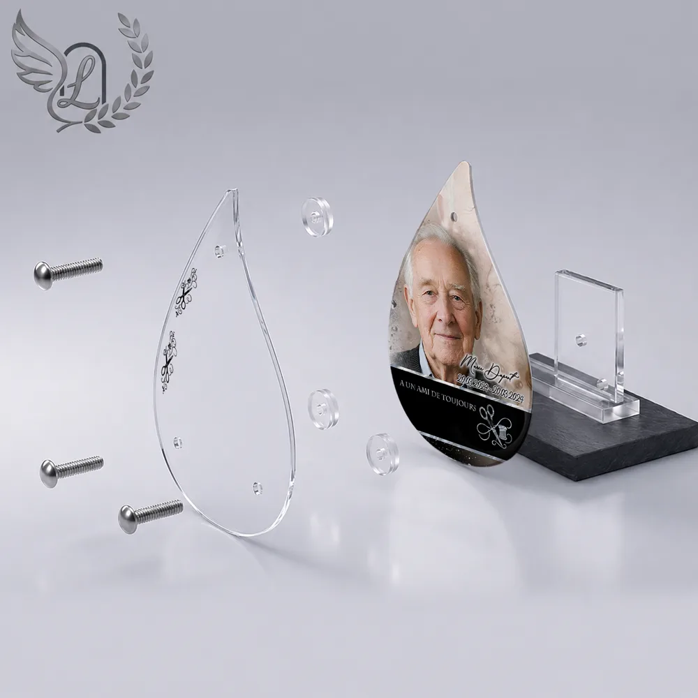 Vue éclatée plaque funéraire Flamme Couture : construction sandwich plexi imprimé miroir, 3 entretoises, dibond et bloc ardoise
