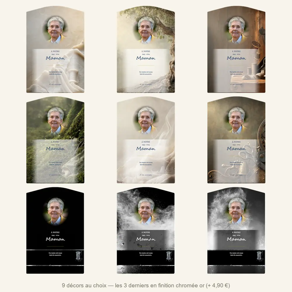 Plaque funéraire stèle Couture — neuf décors de fond au choix