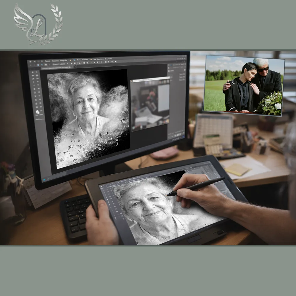 Création artistique plaque funéraire Couture sur tablette graphique en studio