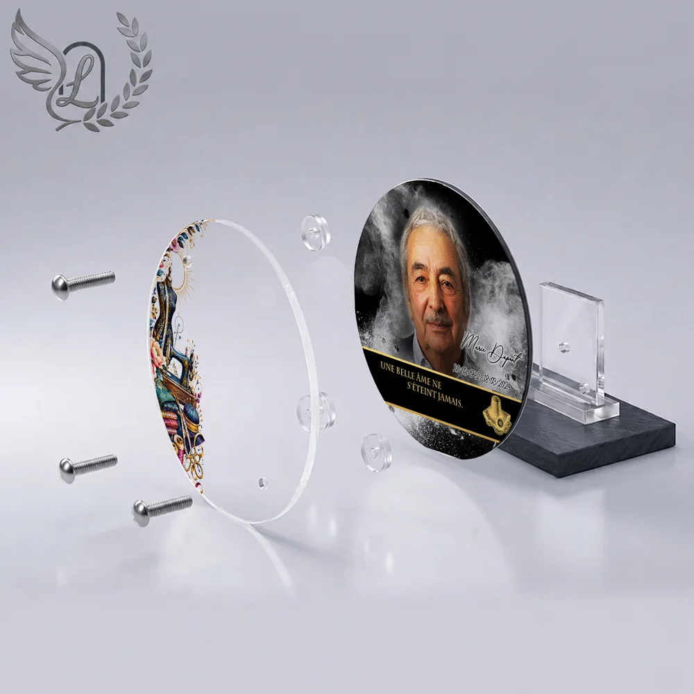 Vue éclatée plaque funéraire Circulaire Couture : construction sandwich plexi imprimé miroir, 3 entretoises, dibond et bloc ardoise