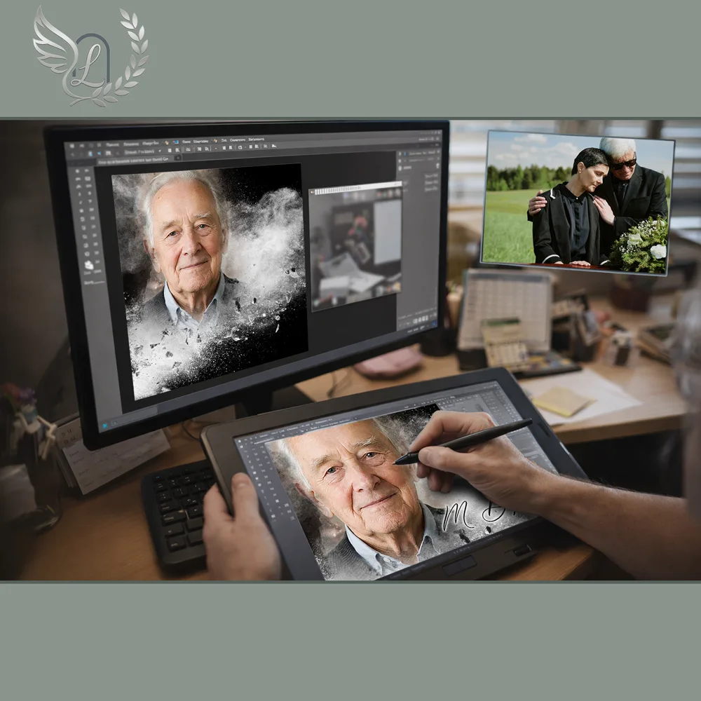 Création artistique plaque funéraire Ange sur tablette graphique en studio