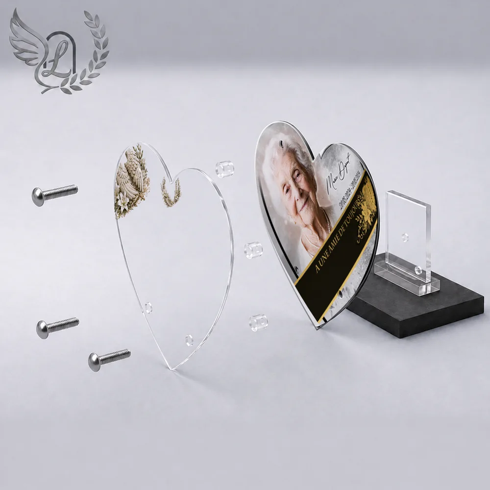 Vue éclatée plaque funéraire Cœur Ange : construction sandwich plexi imprimé miroir, 3 entretoises, dibond et bloc ardoise