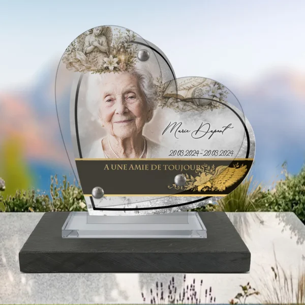 Plaque funéraire cœur ange posée sur socle ardoise du Brésil, fixation inox, 1er sous-décor