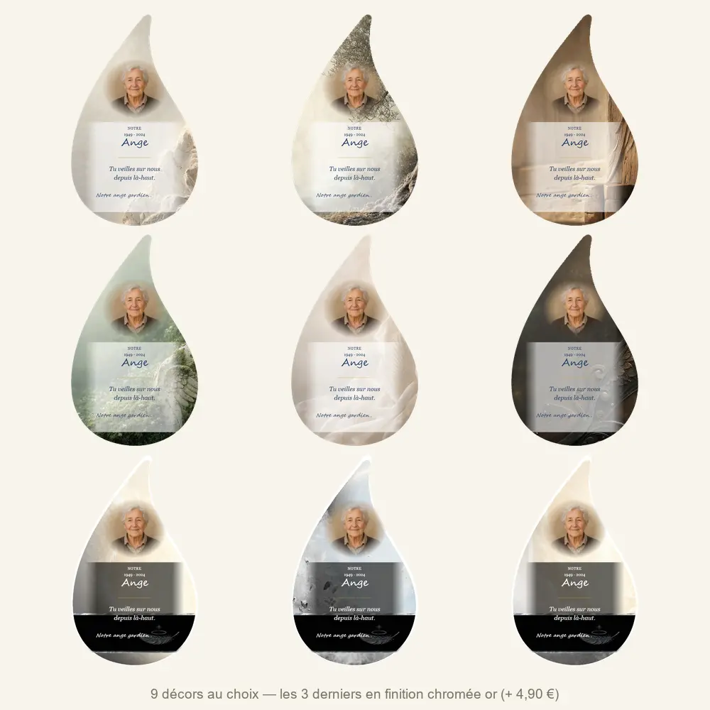 Plaque funéraire flamme Ange — neuf décors de fond au choix
