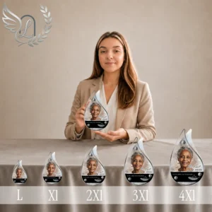 Gamme de plaques funéraires en forme de flamme avec portrait et finition argent, présentées du format L au 4XL, symbolique angélique et spirituelle