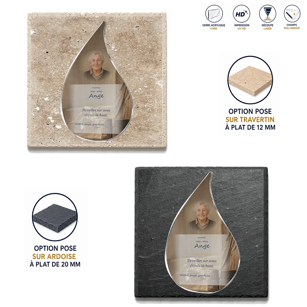 Plaque funéraire flamme Ange — supports au choix, socle ardoise ou travertin