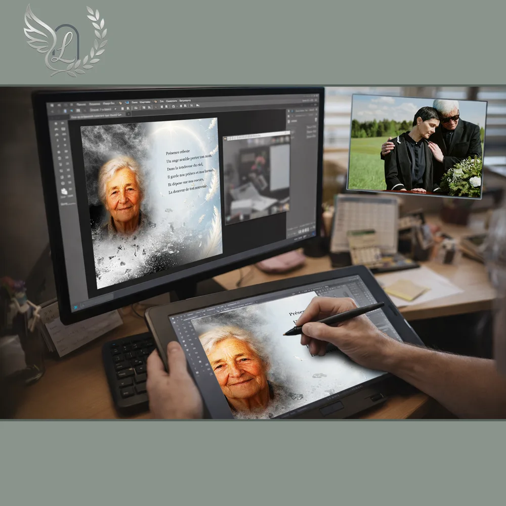 Création artistique plaque funéraire Ange sur tablette graphique en studio