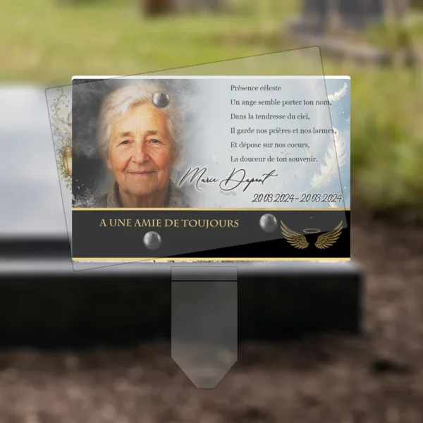 Plaque funéraire panoramique ange plantée par appendice plexiglas, sol meuble ou pot, 1er sous-décor