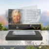 Plaque funéraire panoramique ange posée sur socle ardoise du Brésil, fixation inox, 1er sous-décor