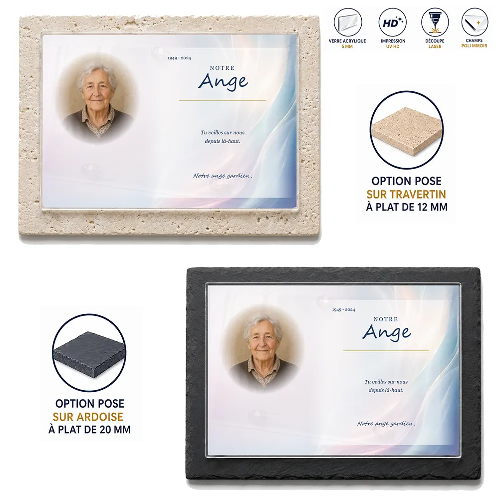 Plaque funéraire panoramique Ange — supports au choix, socle ardoise ou travertin