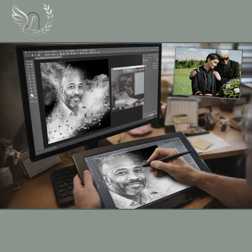 Création artistique plaque funéraire Ange sur tablette graphique en studio
