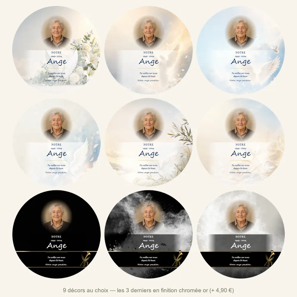 Plaque funéraire circulaire Ange — neuf décors de fond au choix