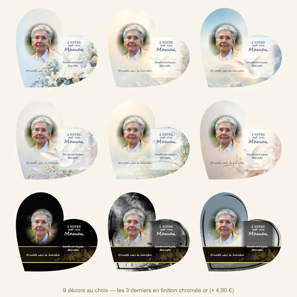 Plaque funéraire cœur Colombe — neuf décors de fond au choix