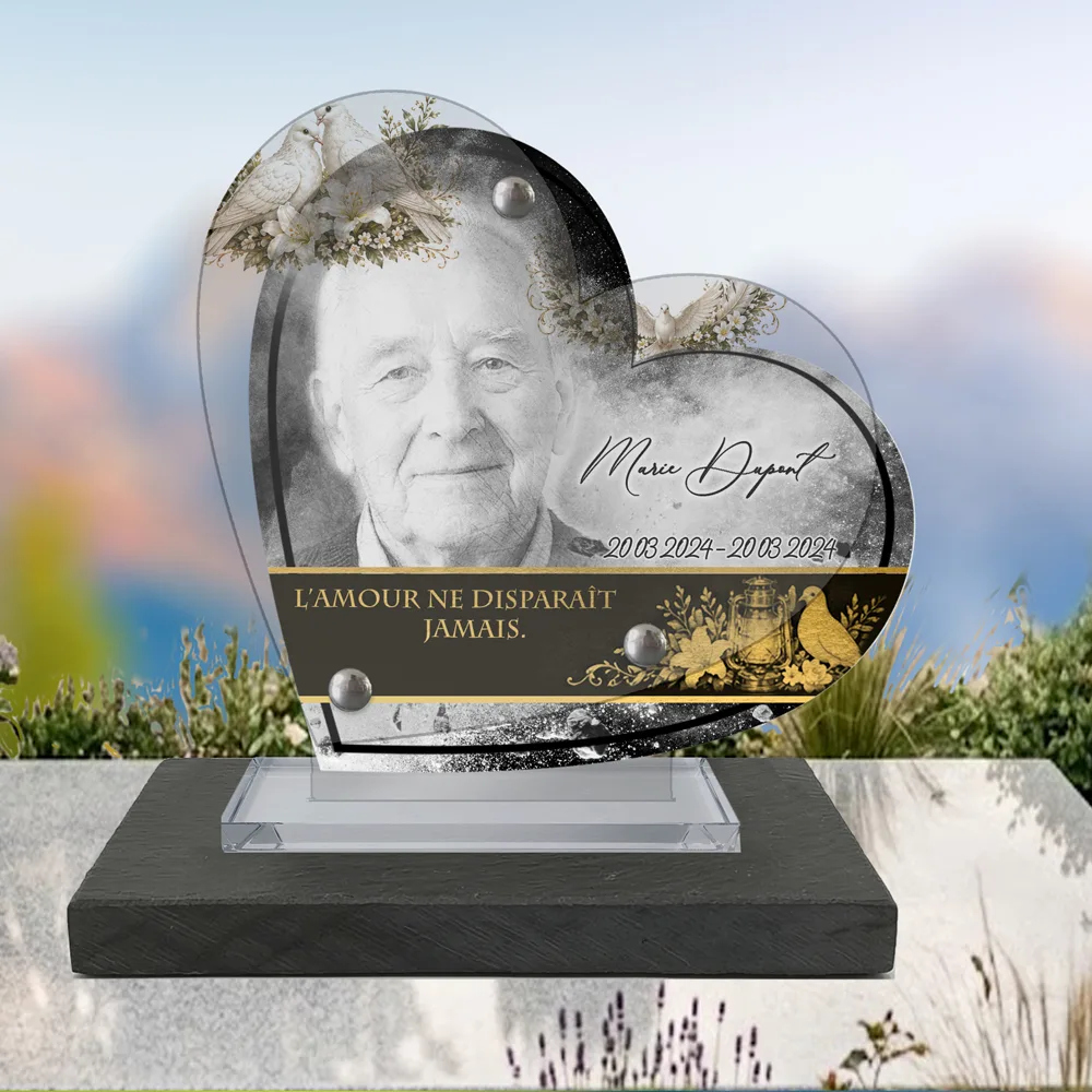 Plaque Cœur Colombe à poser sur socle ardoise du Brésil