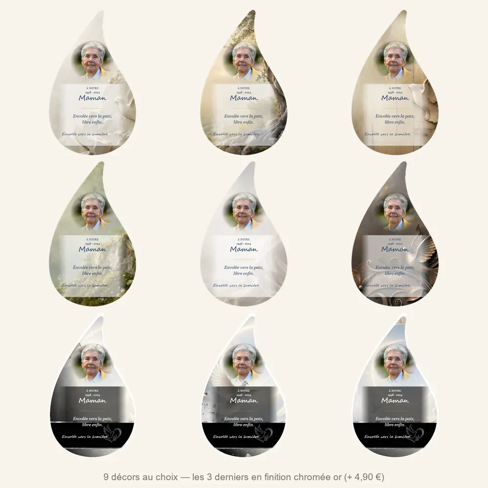 Plaque funéraire flamme Colombe — neuf décors de fond au choix