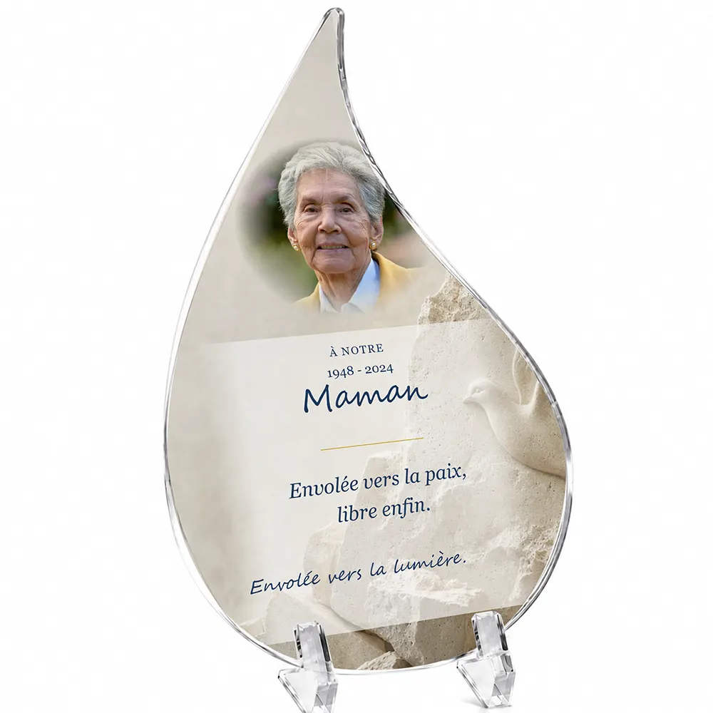 Plaque funéraire flamme Colombe personnalisée — portrait, texte libre et fond au choix, présentée sur pied plexi