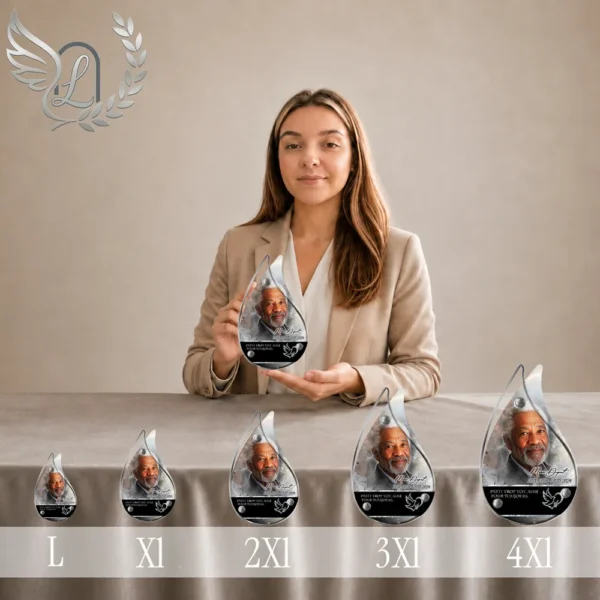 Gamme de plaques funéraires en forme de flamme avec colombe argentée, présentées côte à côte en 5 tailles différentes, finition chrome argent brillant