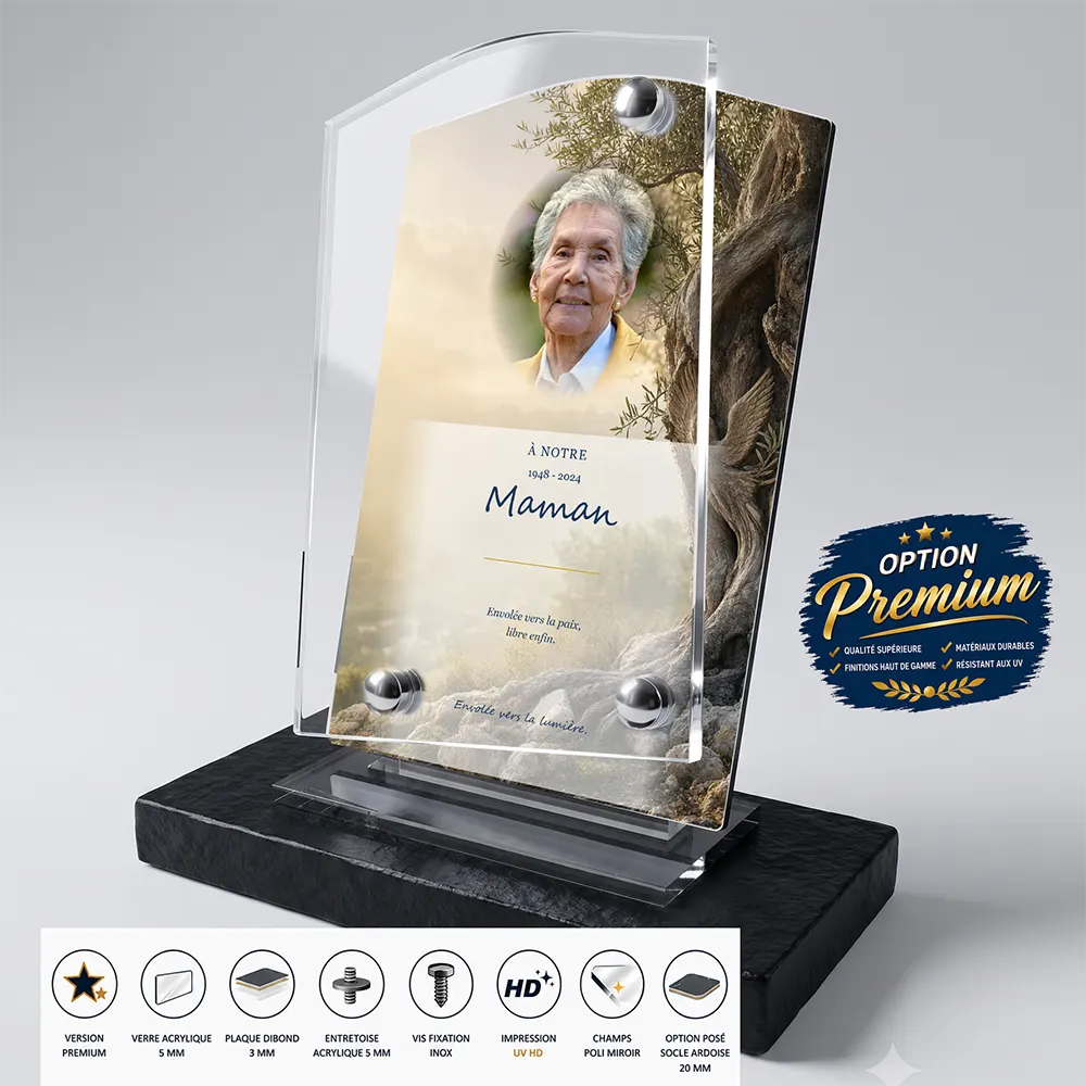 Plaque funéraire stèle Colombe finition premium présentée sur socle en ardoise