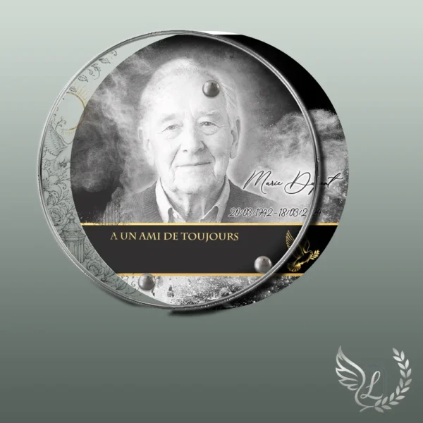 Plaque funéraire médaillon rond colombe collée sur pierre tombale, double-face professionnel inclus, 1er sous-décor du thème