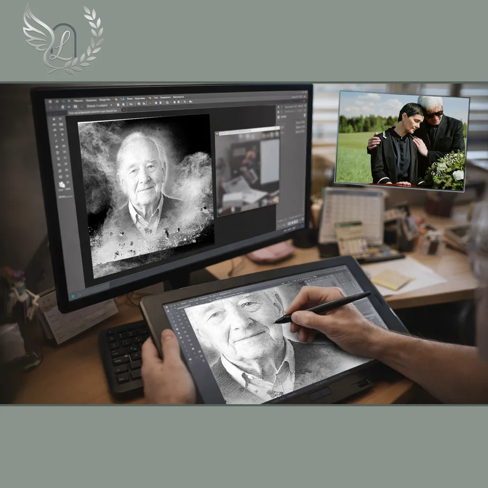 Création artistique plaque funéraire Colombe sur tablette graphique en studio