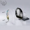 Plaque funéraire médaillon rond colombe en vue éclatée : assemblage 5 couches plexiglas, entretoises chromées, dibond aluminium, vis inox 316