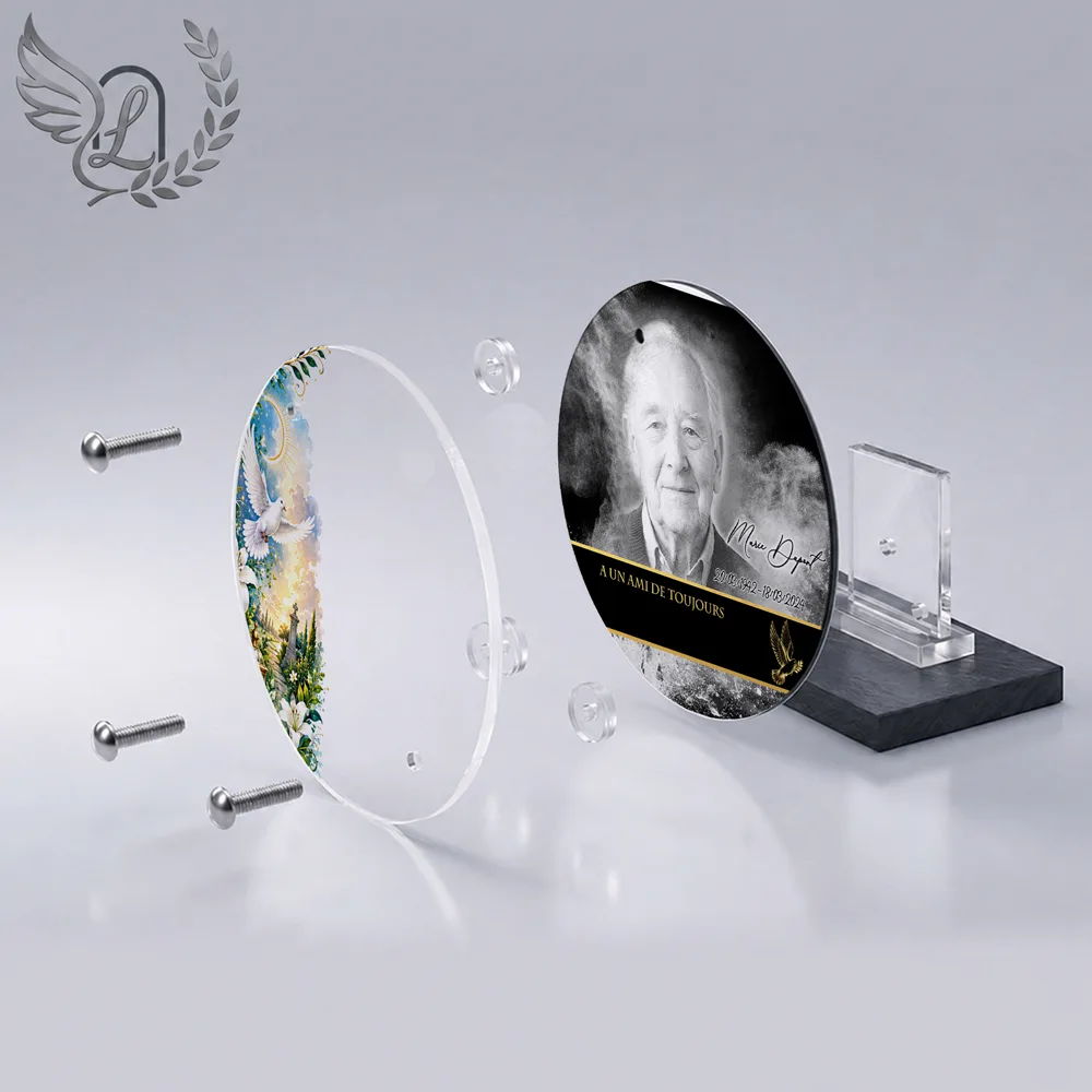 Vue éclatée plaque funéraire Circulaire Colombe : construction sandwich plexi imprimé miroir, 3 entretoises, dibond et bloc ardoise