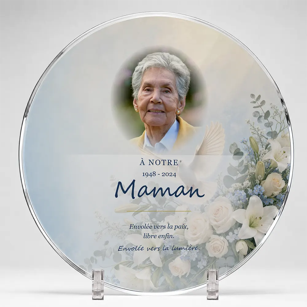 Plaque funéraire circulaire Colombe personnalisée — portrait, texte libre et fond au choix, présentée sur pied plexi