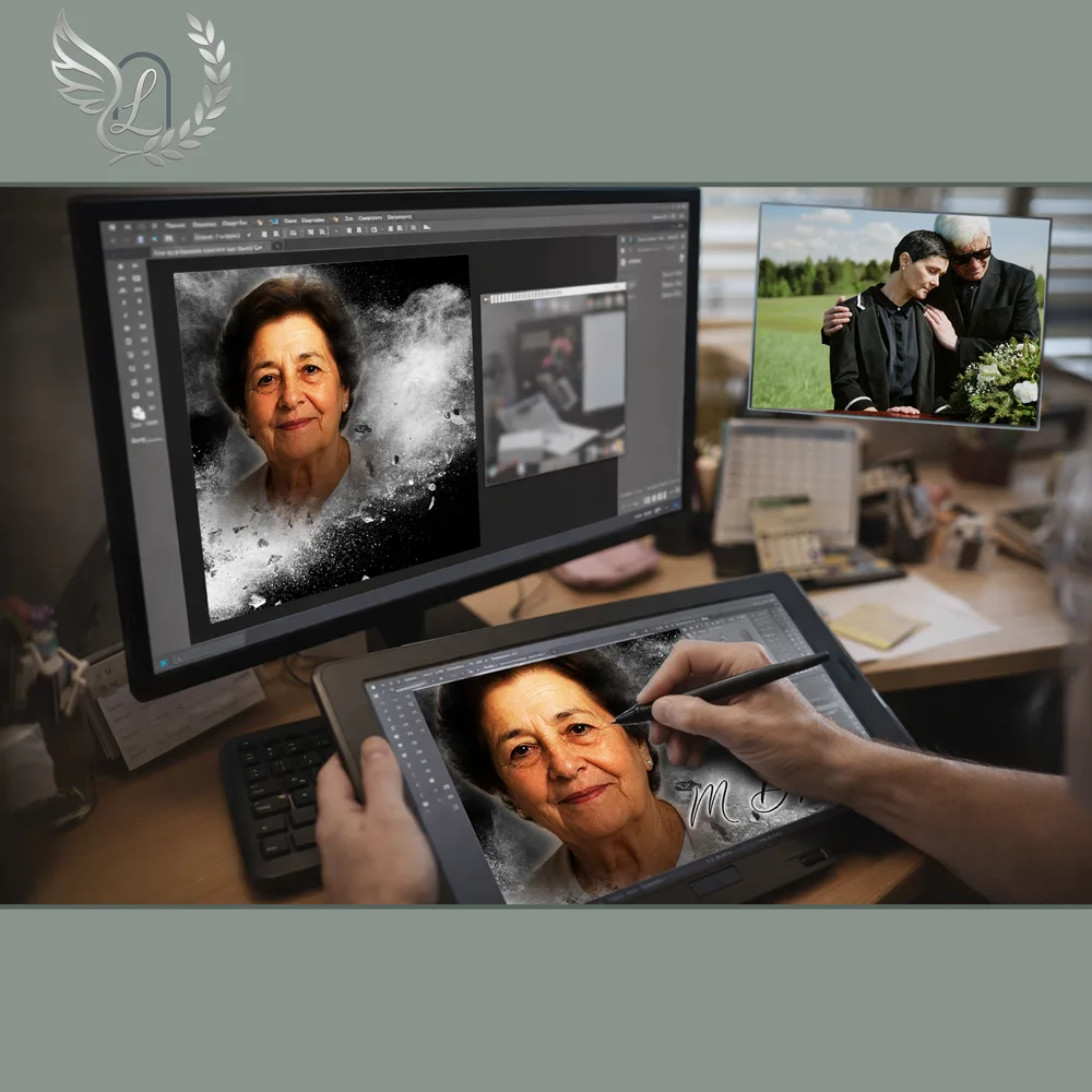 Création artistique plaque funéraire Arbre de vie sur tablette graphique en studio