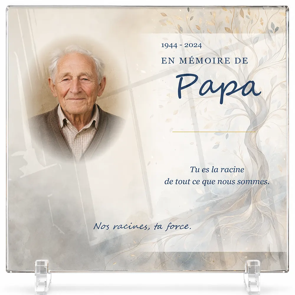 Plaque funéraire carré Arbre de vie personnalisée — portrait, texte libre et fond au choix, présentée sur pied plexi