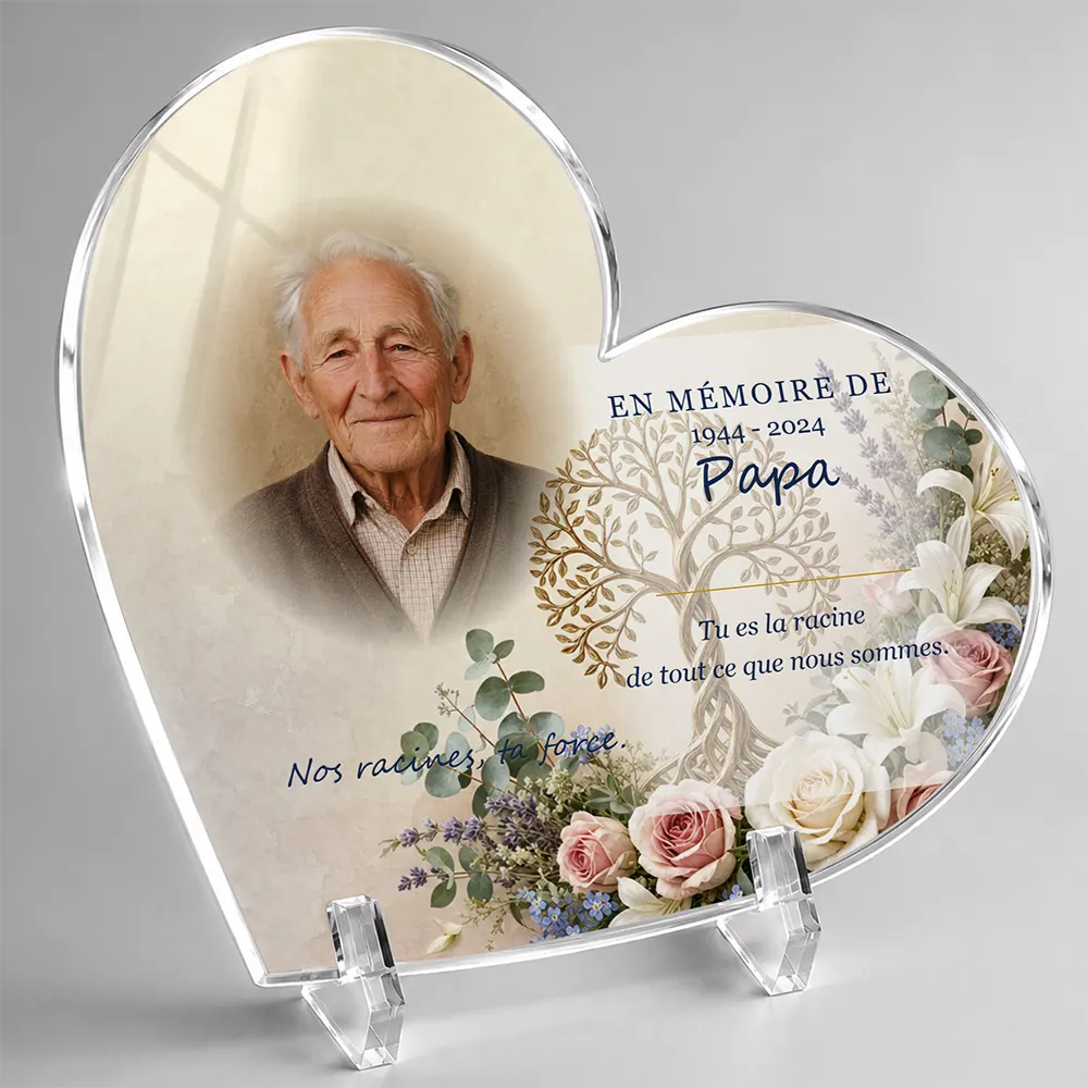 Plaque funéraire cœur Arbre de vie personnalisée — portrait, texte libre et fond au choix, présentée sur pied plexi