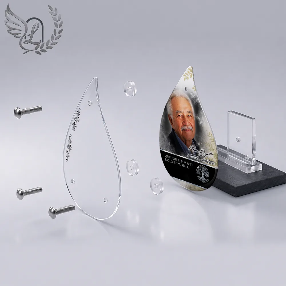 Vue éclatée plaque funéraire Flamme Arbre de vie : construction sandwich plexi imprimé miroir, 3 entretoises, dibond et bloc ardoise