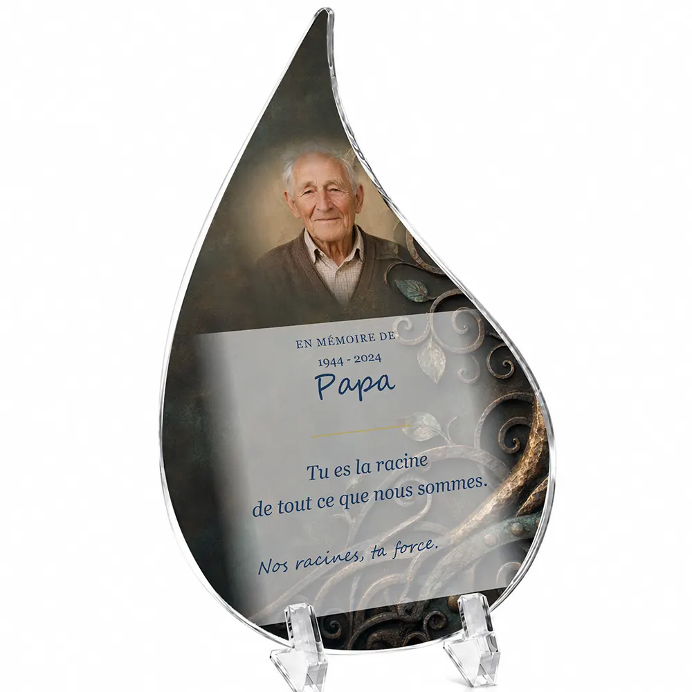 Plaque funéraire flamme Arbre de vie personnalisée — portrait, texte libre et fond au choix, présentée sur pied plexi