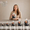 Gamme de cinq plaques funéraires en forme de flamme avec finition argent chromé, présentant un portrait personnalisé et motifs arbre de vie, du format XL au 4XL