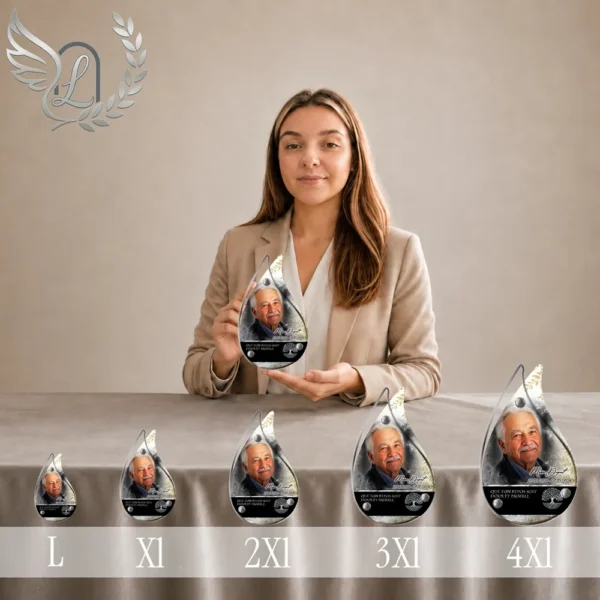 Gamme de cinq plaques funéraires en forme de flamme avec finition argent chromé, présentant un portrait personnalisé et motifs arbre de vie, du format XL au 4XL