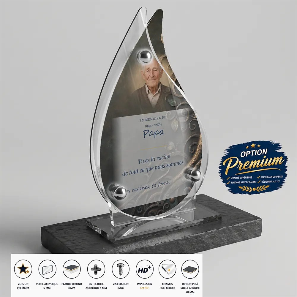 Plaque funéraire flamme Arbre de vie finition premium présentée sur socle en ardoise