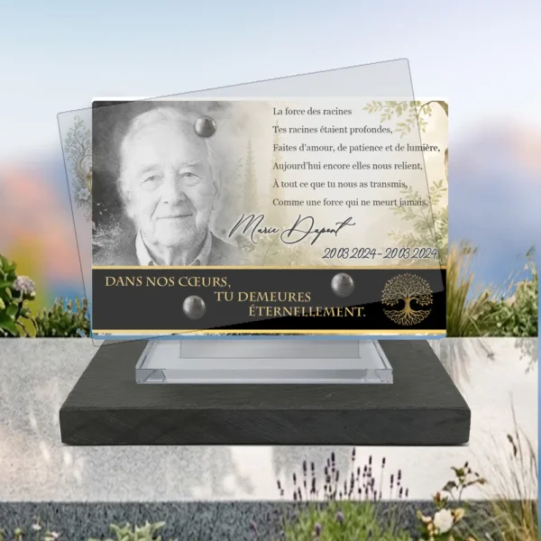 Plaque funéraire panoramique arbre de vie posée sur socle ardoise du Brésil, fixation inox, 1er sous-décor