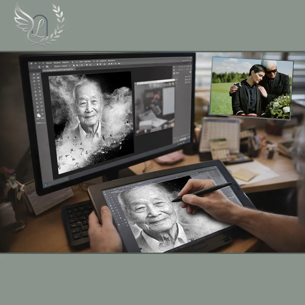 Création artistique plaque funéraire Arbre de vie sur tablette graphique en studio