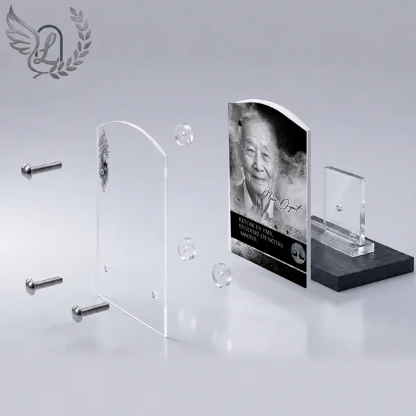 Plaque funéraire rectangle arbre de vie en vue éclatée : assemblage 5 couches plexiglas, entretoises chromées, dibond aluminium, vis inox 316