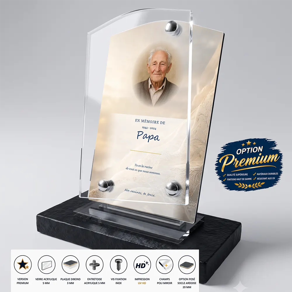 Plaque funéraire stèle Arbre de vie finition premium présentée sur socle en ardoise