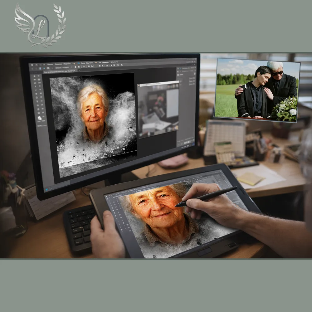 Création artistique plaque funéraire Arbre de vie sur tablette graphique en studio