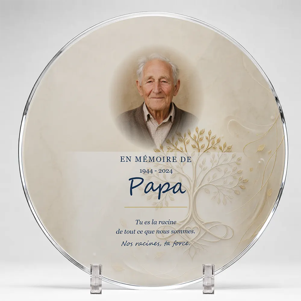 Plaque funéraire circulaire Arbre de vie personnalisée — portrait, texte libre et fond au choix, présentée sur pied plexi