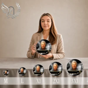 Gamme complète de plaques funéraires circulaires avec portrait et finition dorée, du format XS au format 3XL, présentée côte à côte pour comparaison de tailles