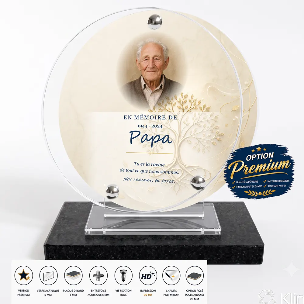 Plaque funéraire circulaire Arbre de vie finition premium présentée sur socle en ardoise