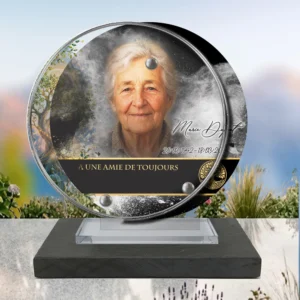 Plaque funéraire médaillon rond arbre de vie posée sur socle ardoise du Brésil, fixation inox, 1er sous-décor